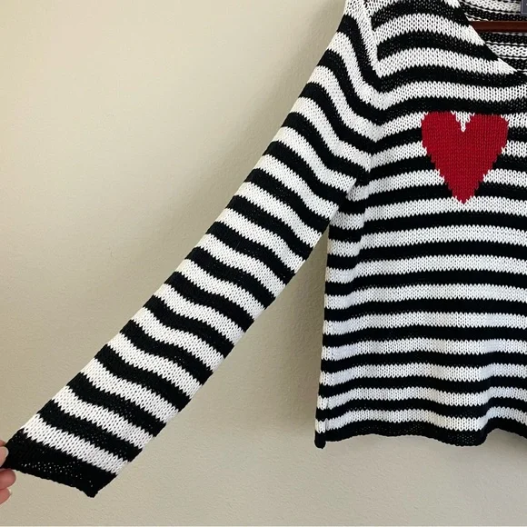 WOODEN SHIPS Eloise Heart V Neck Cotton Sweater Black and White Stripes Size S/M - Picture 5 of 8